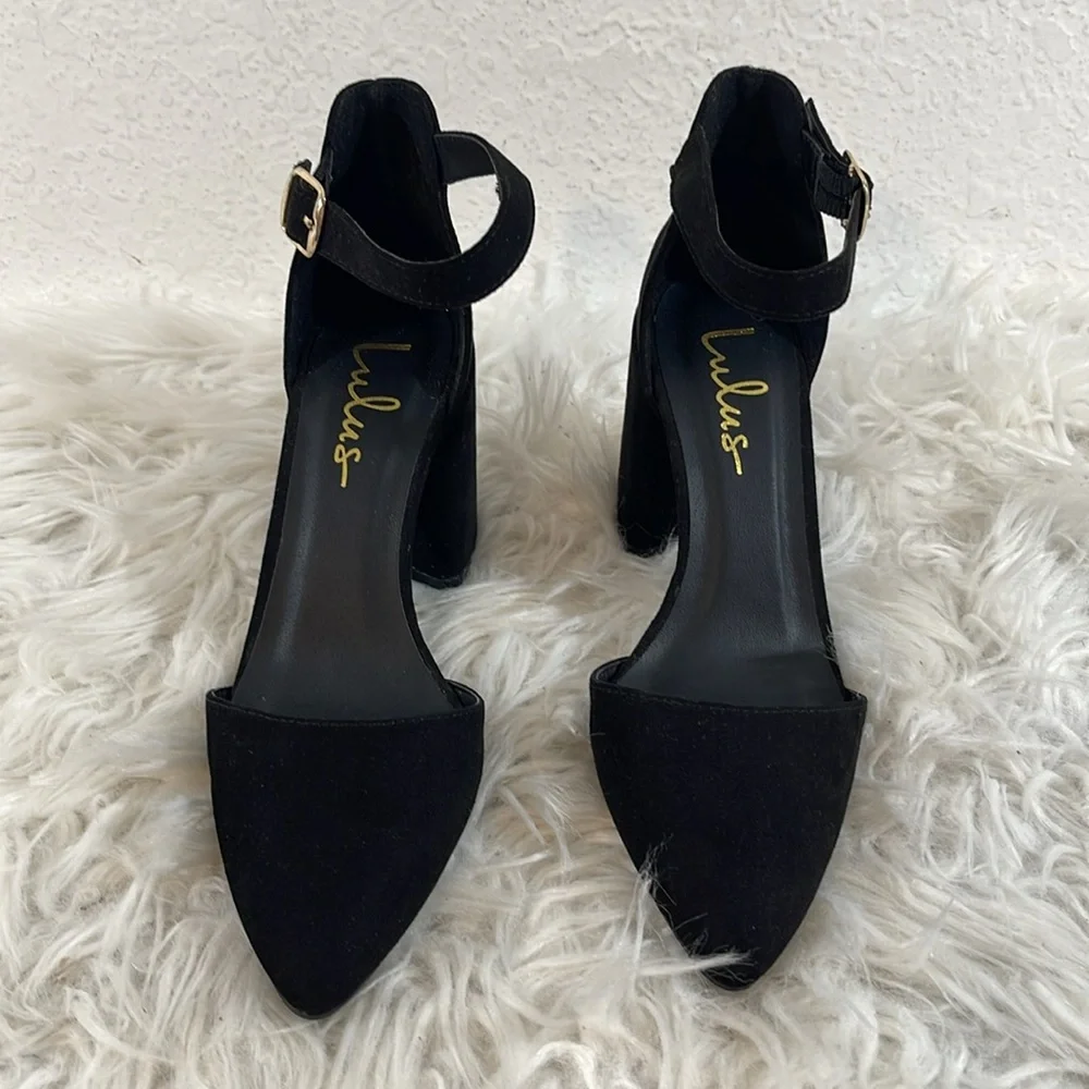 LULUS Ellarose Black Suede Ankle Strap Chunky Heels Size 5 NEW - Picture 3 of 15